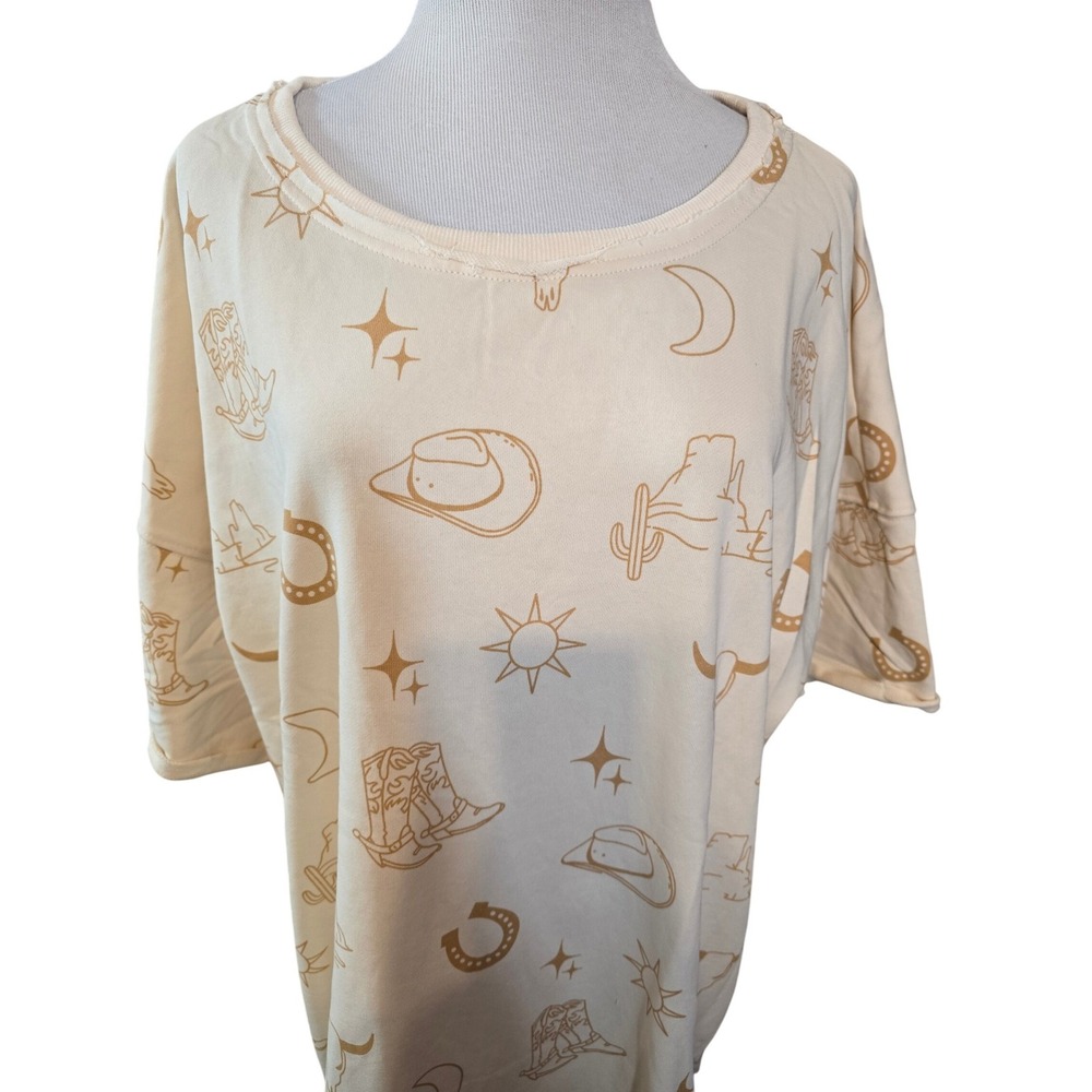 Umgee‎ USA Cream Western Cowboy Boot Print Oversized T-shirt Tunic Dress 1XL New